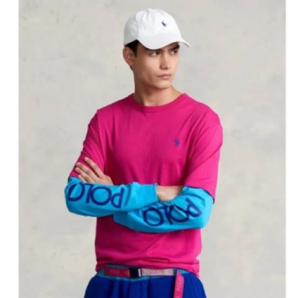 Polo Ralph Lauren Men's Fuchsia and Teal Long Sleeve Graphic 80's Top Size XL